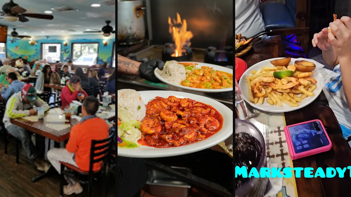 Casual restaurant seating beside a busy serving area.