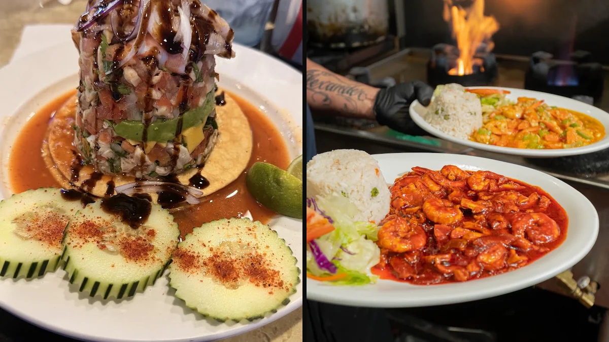 Colorful plates of Mexican seafood on a casual table.