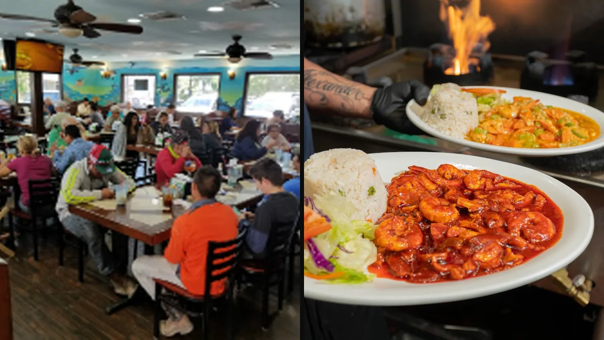 Casual restaurant seating beside a busy serving area.