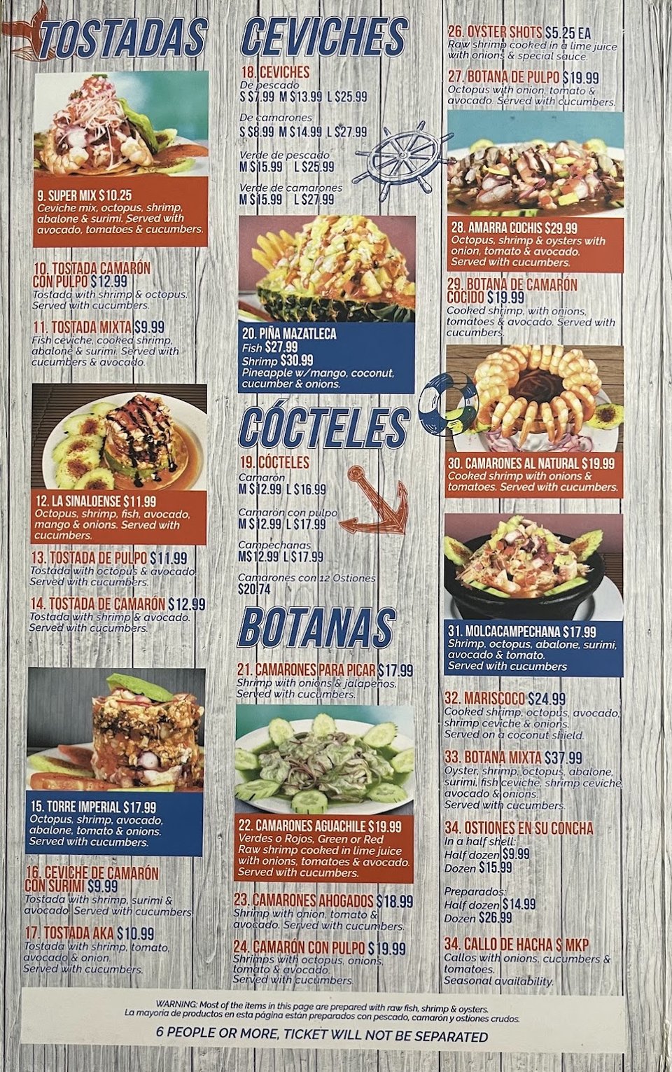 Restaurant menu with fried seafood and enchiladas.